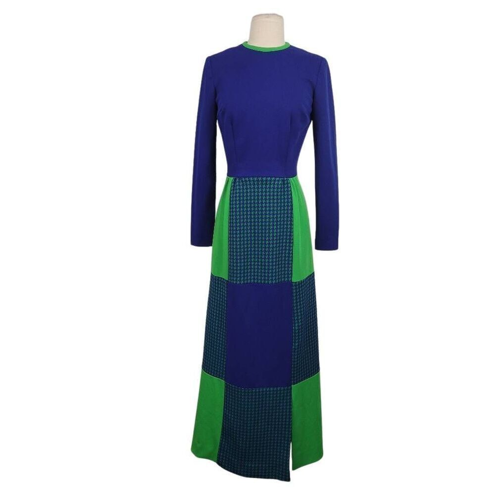 Vtg 60s 70s Joyce Colorblock Maxi Dress Sz‎ XS Blue Green Talon Zipper Prairie